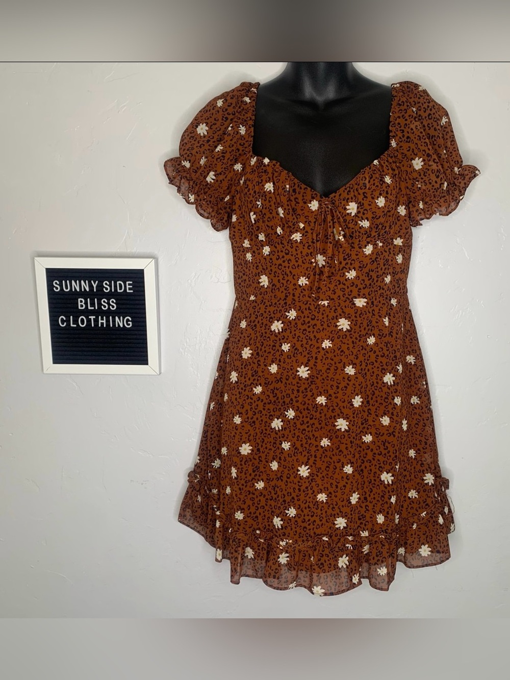 B Smart Brown Floral Puff Sleeve V Neck Mini Dress Cottagecore Size 8